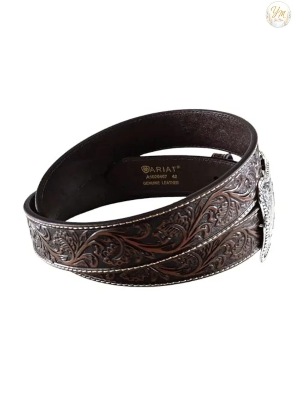 Floral Embossed Leather Western Belt with Antiqued Silver Cowboy Buckle, 1-1/2